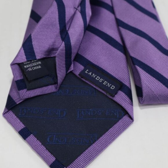 Lands End Mens Necktie Silk Stripe Repp Classic Business Purple Blue - Picture 6 of 8
